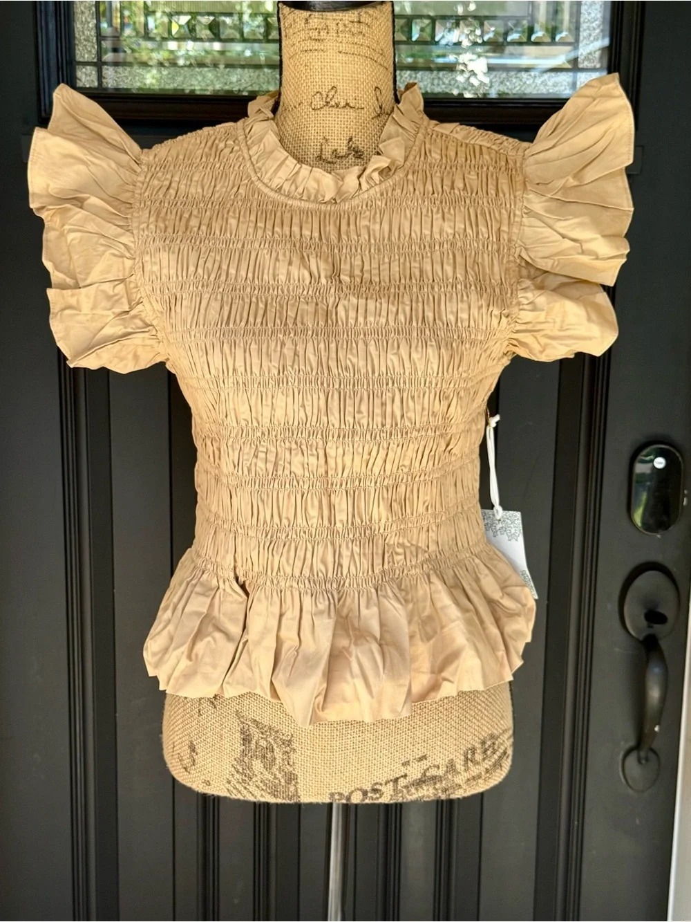 Hyacinth House Nadine Smocked Ruffle Peplum Boho Cottagecore Coquette Tan Blouse - Picture 2 of 7